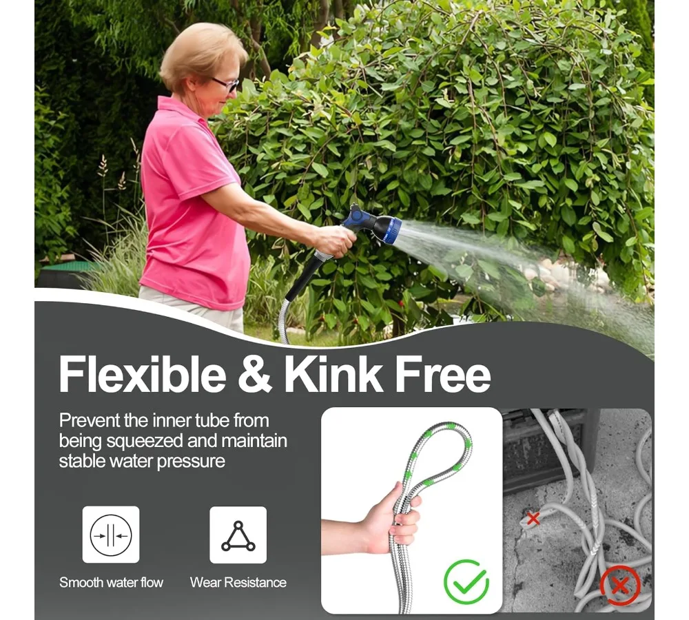 خرطوم حديقة من الفولاذ المقاوم للصدأ بطول 50 قدم، أنبوب مياه مرن عالي التحمل مع فوهة لا تتشابك أبدًا في ساحة خارجية #4
