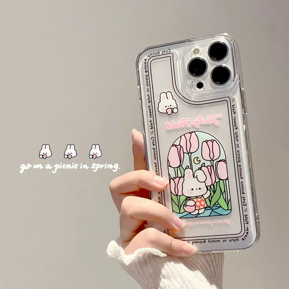 Sweet tulip garden moon bunny transparent Phone case For iPhone 16 15 14 13 11 12 Pro Max 14 15 16 Plus case Cute Cartoon Cover