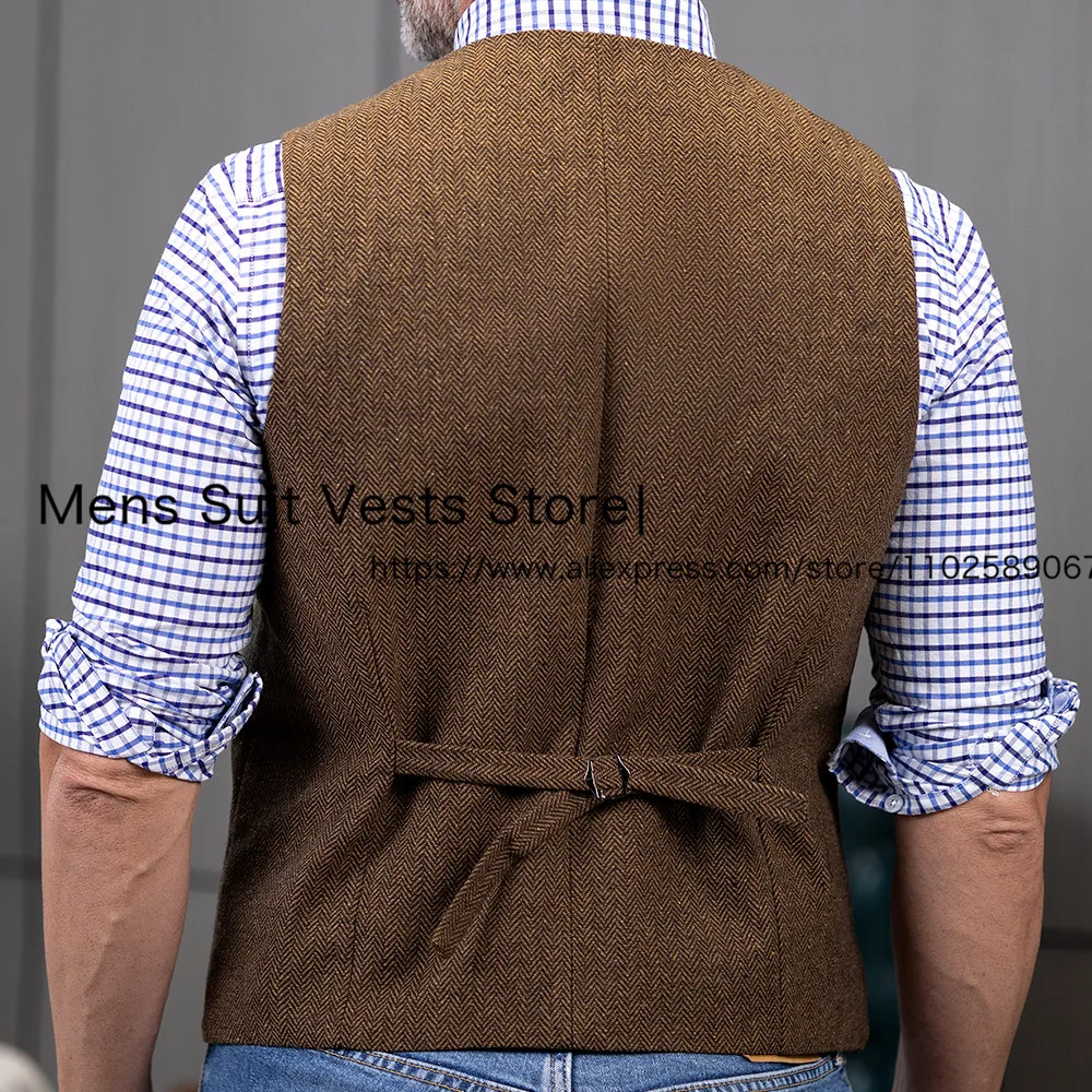 Lapel Neck Men\'s Herringbone Suit Vest Single Breasted Tweed Waistcoat Business For Groom Real Image