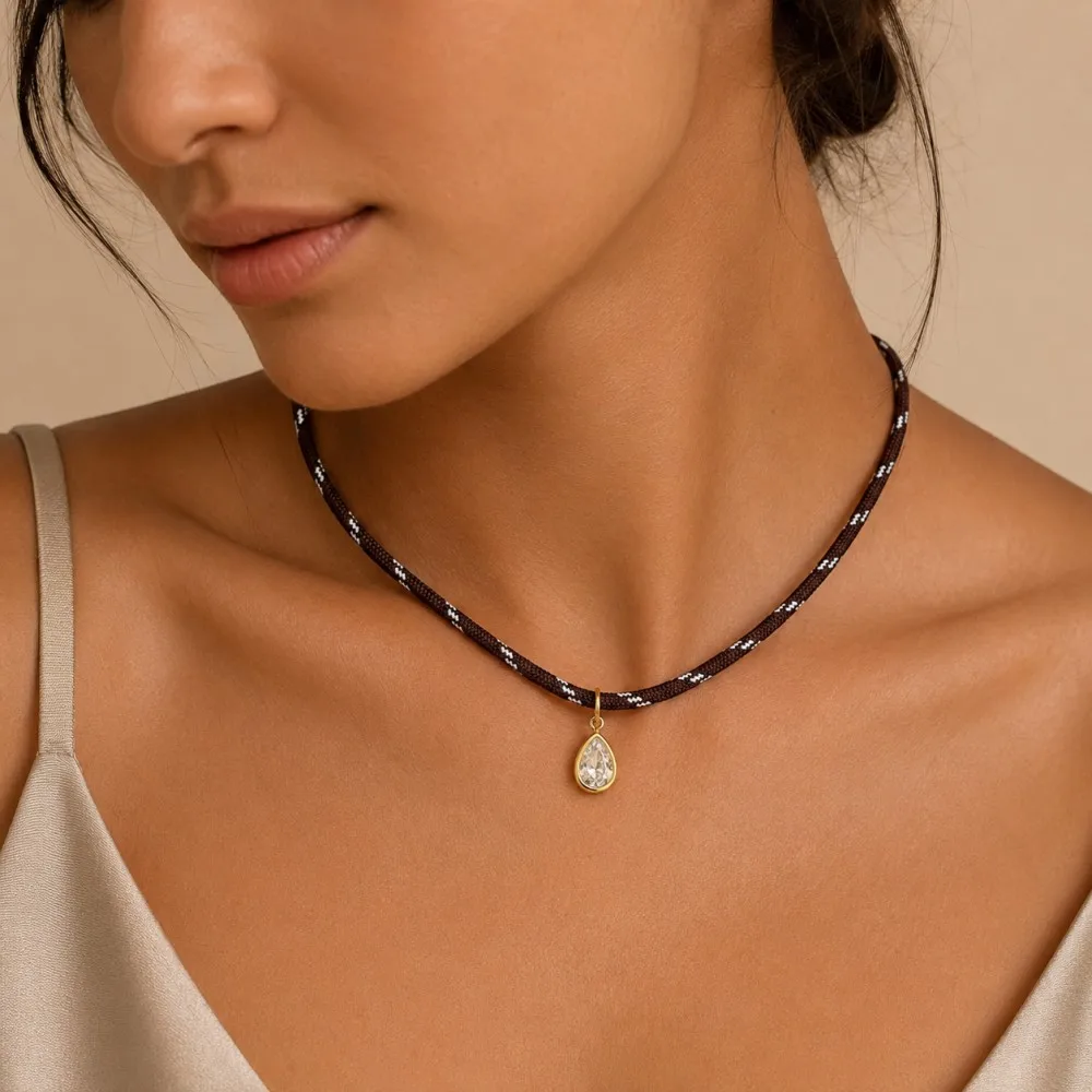 Retro Colorful Rope Chain Necklace  Bohemian Thick Rope Water Droplet Zircon Women Waterproof Stainless Steel Lightweight Jewelr