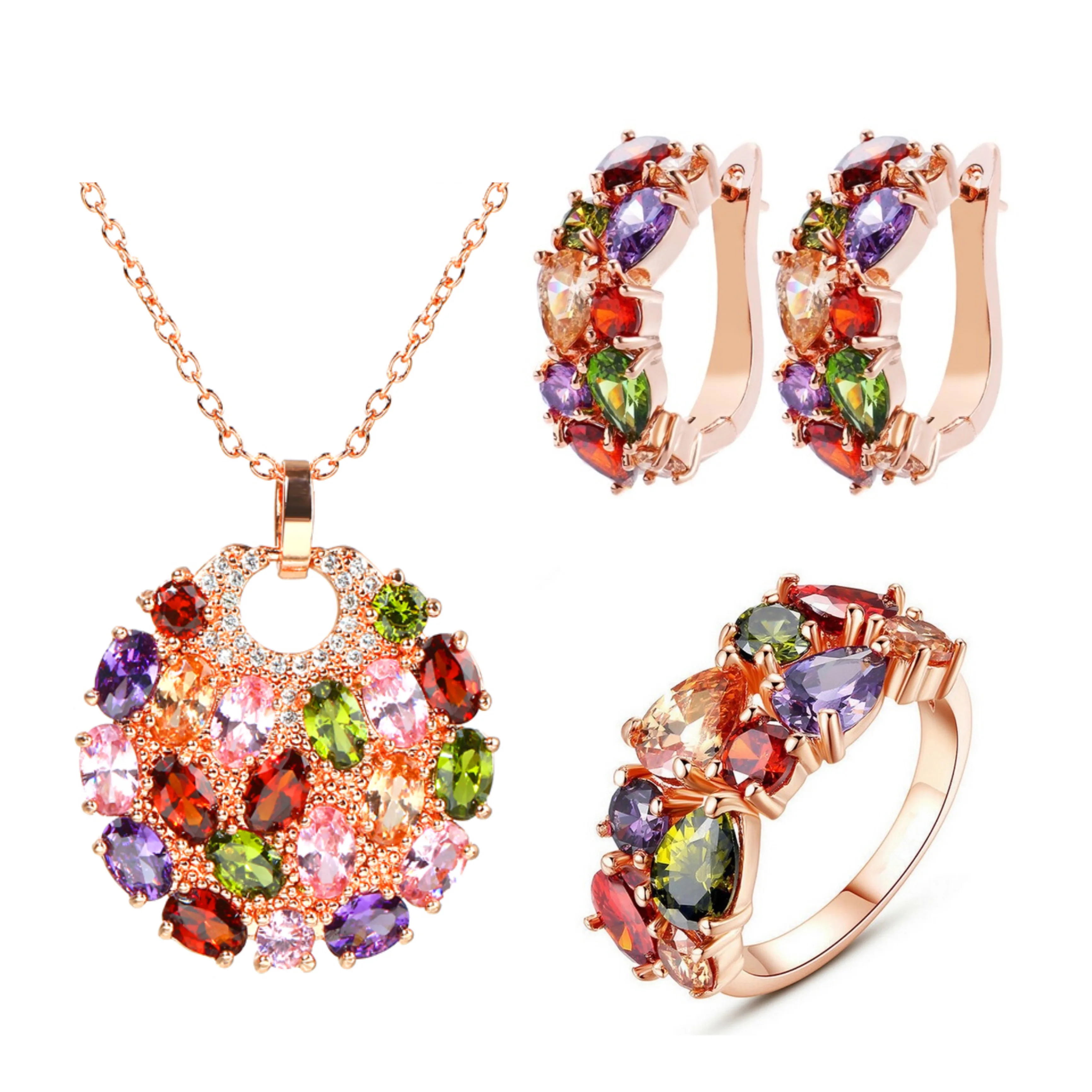 SUGO Classic Hot Sale Retro Sweet Rose Gold Color Multi Cubic Zirconia Jewelry Sets for Elegant Women Dinner Party Accessories