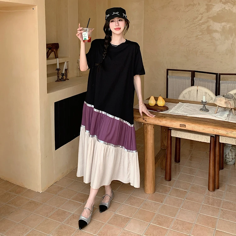 

Summer 2024 Casual plus Size Slimming Loose Large Color Block Asymmetrical Short Sleeve Dress Ethnic Stage Costume Women