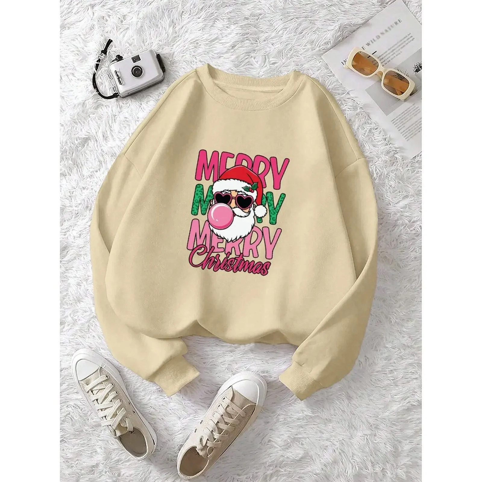 Round Neck Long Sleeve Pullovers Woman Elegant Sweatshirt Velvet Winter Casual Loose Comfortable Christmas Printed Pattern Tops