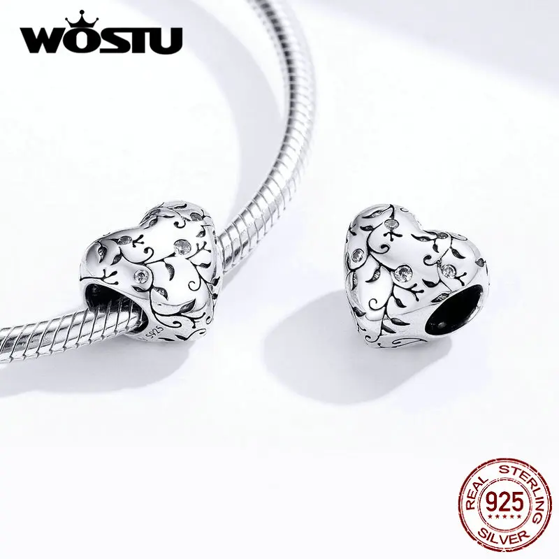 WOSTU HOT SALE 925 Sterling Silver Love Heart Shape Bead Charm Pendant For Women Fit Bracelet DIY Necklace Original Jewelry Gift