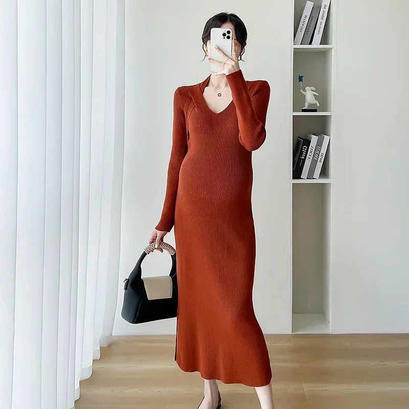 

Maternity Sweater Dress Spring Autumn Women Elegant Slim Knitted Solid Color Photography Dresses Pregnancy Clothes