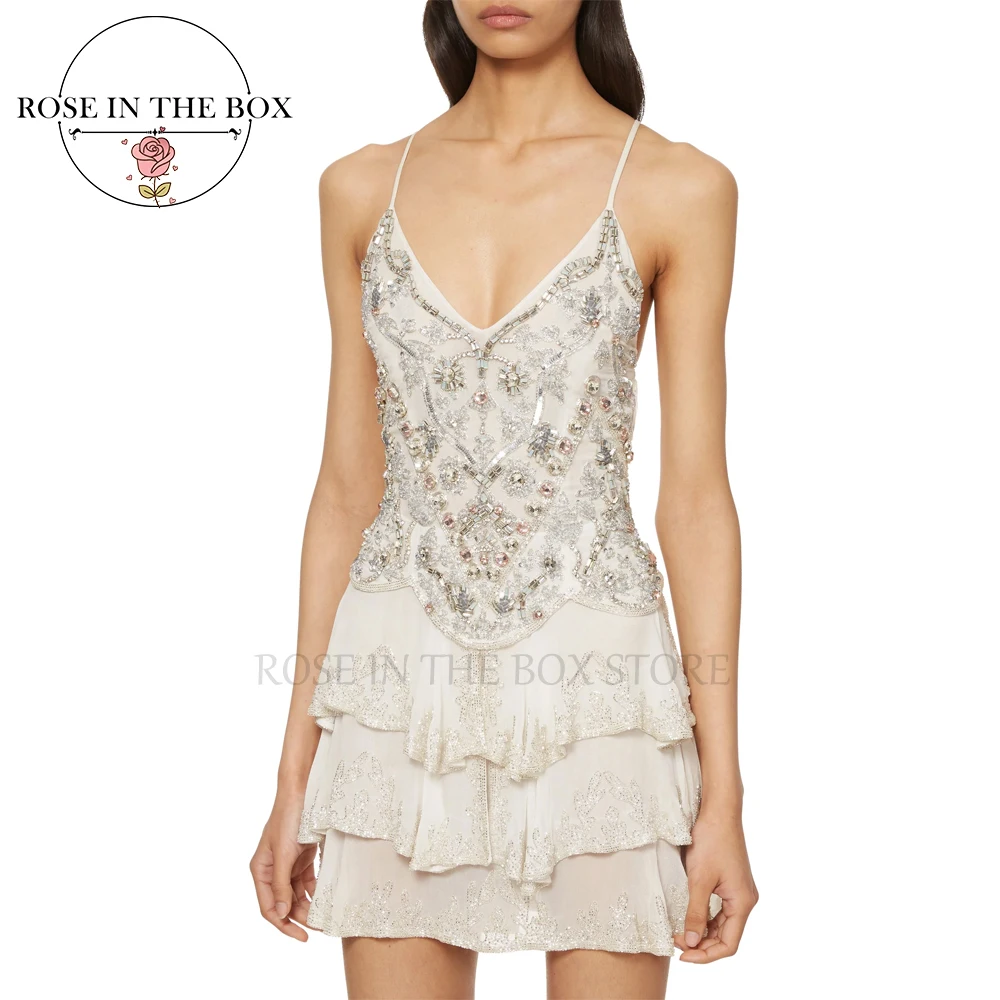 

ROSEINTHEBOX White Chiffon Ruffled Mini Dress Spaghetti Straps Beaded Crystal Evening Dress 2025 Short Formal Dress Customized