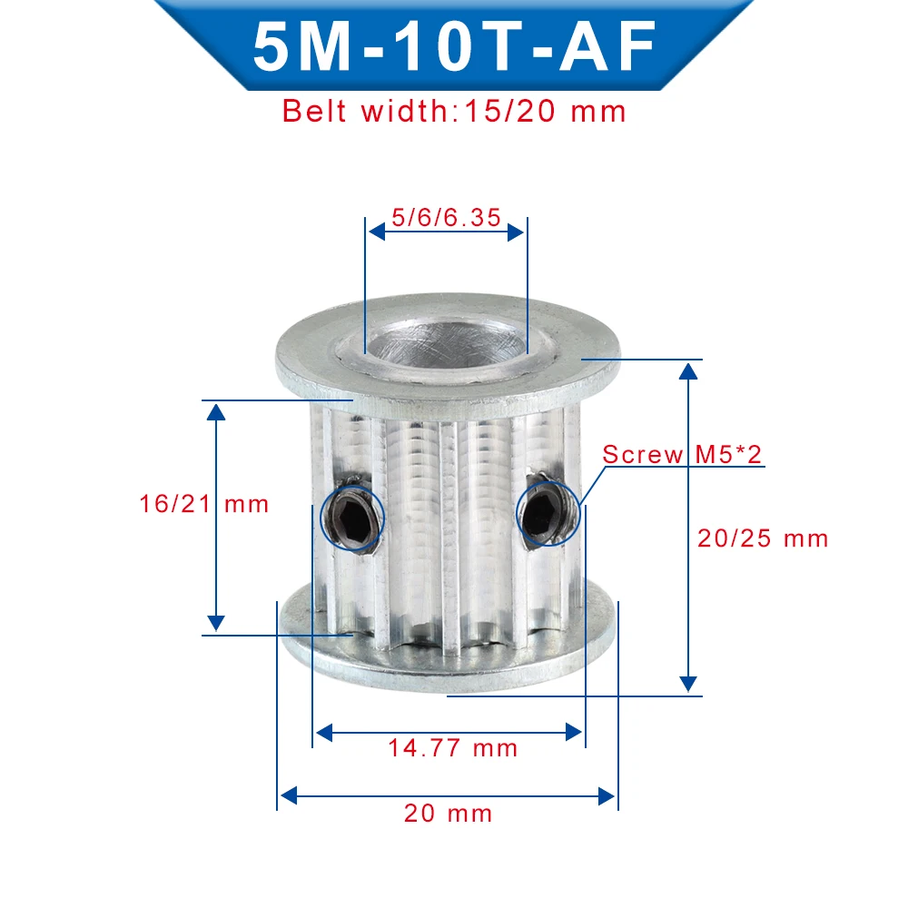 Aluminum Pulley 5M-10T Circular Arc Tooth Inner Bore 5/6/6.35 mm pulley wheel AF Shap For 5M Timing Belt Width 15/20 mm