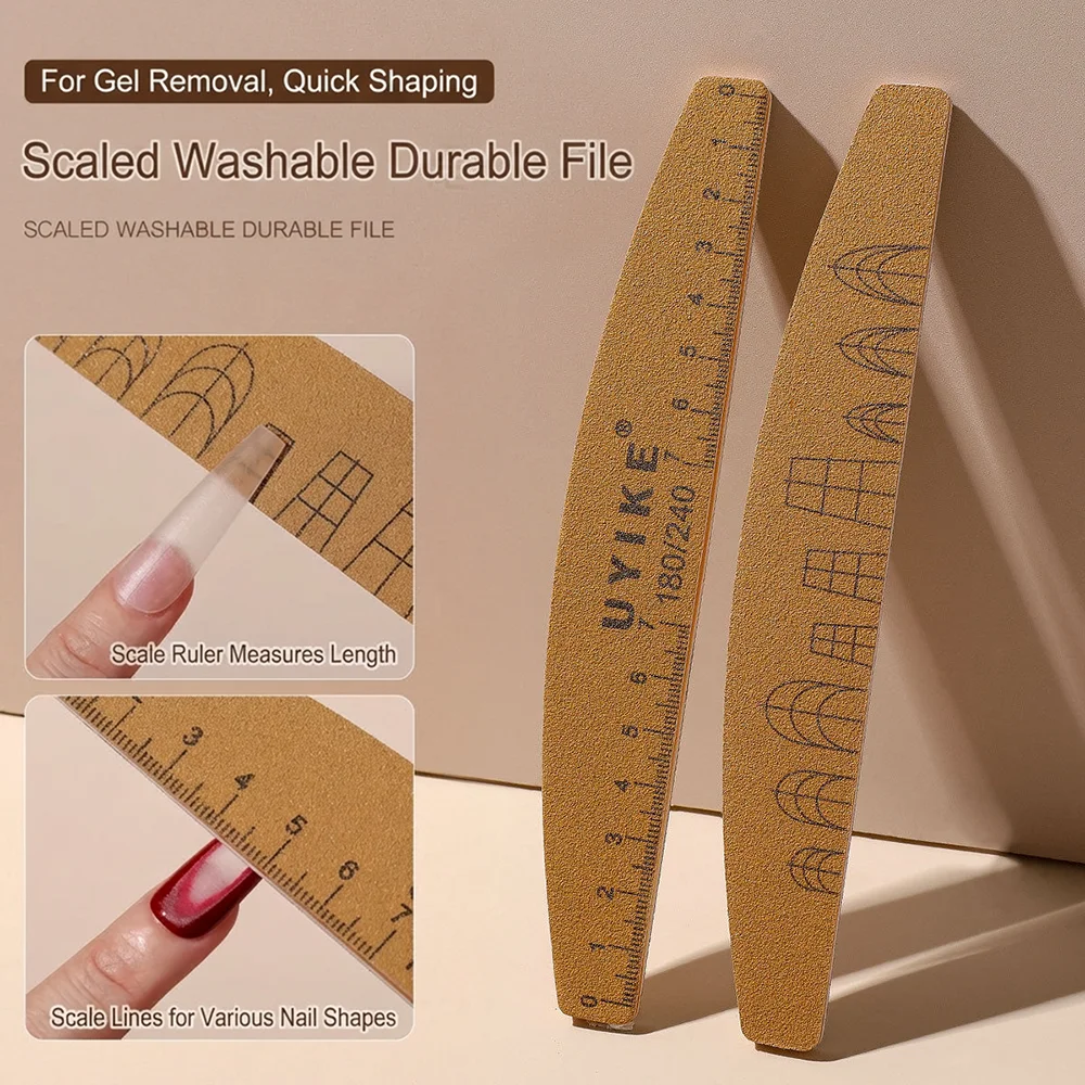 1pc Washable Double-Sided Nail File with Scale Line 100/180 180/240 Grit Reusable Emery Boards & Curved Ruler Nail Buffer Tools