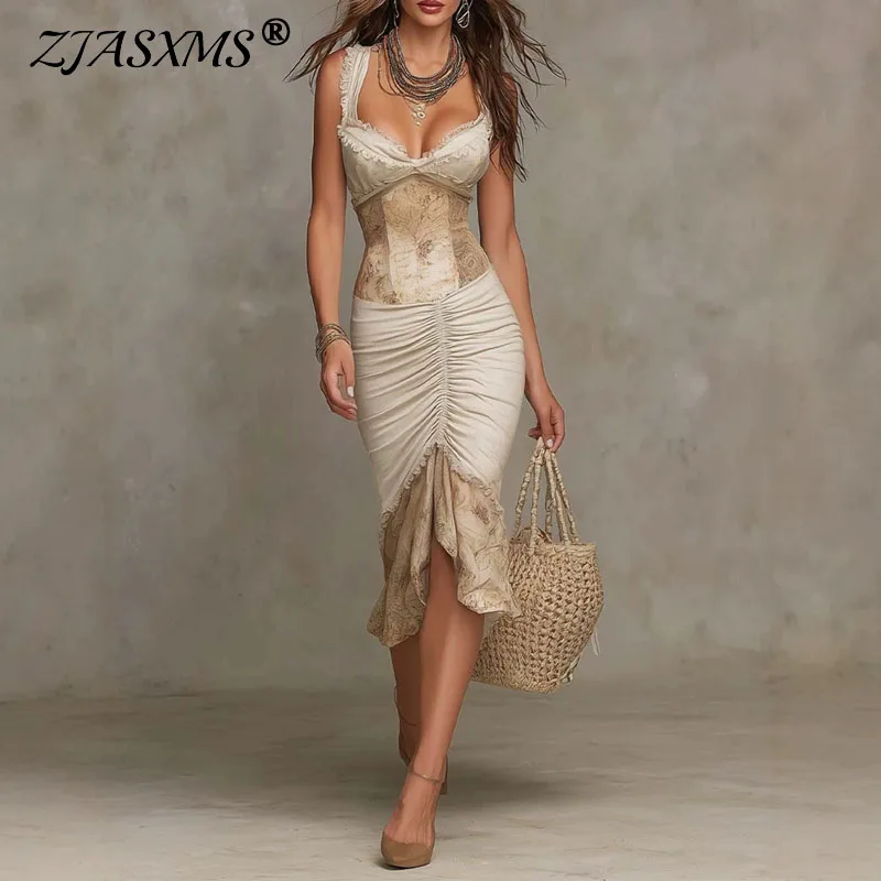 Damen Vintage-Print Korsett-Maxikleid mit Spitzenbesatz, Spaghettiträgern, tiefem V-Ausschnitt, geraffter Vorderseite und Rüschensaum – Sommer Strand Party Kleider