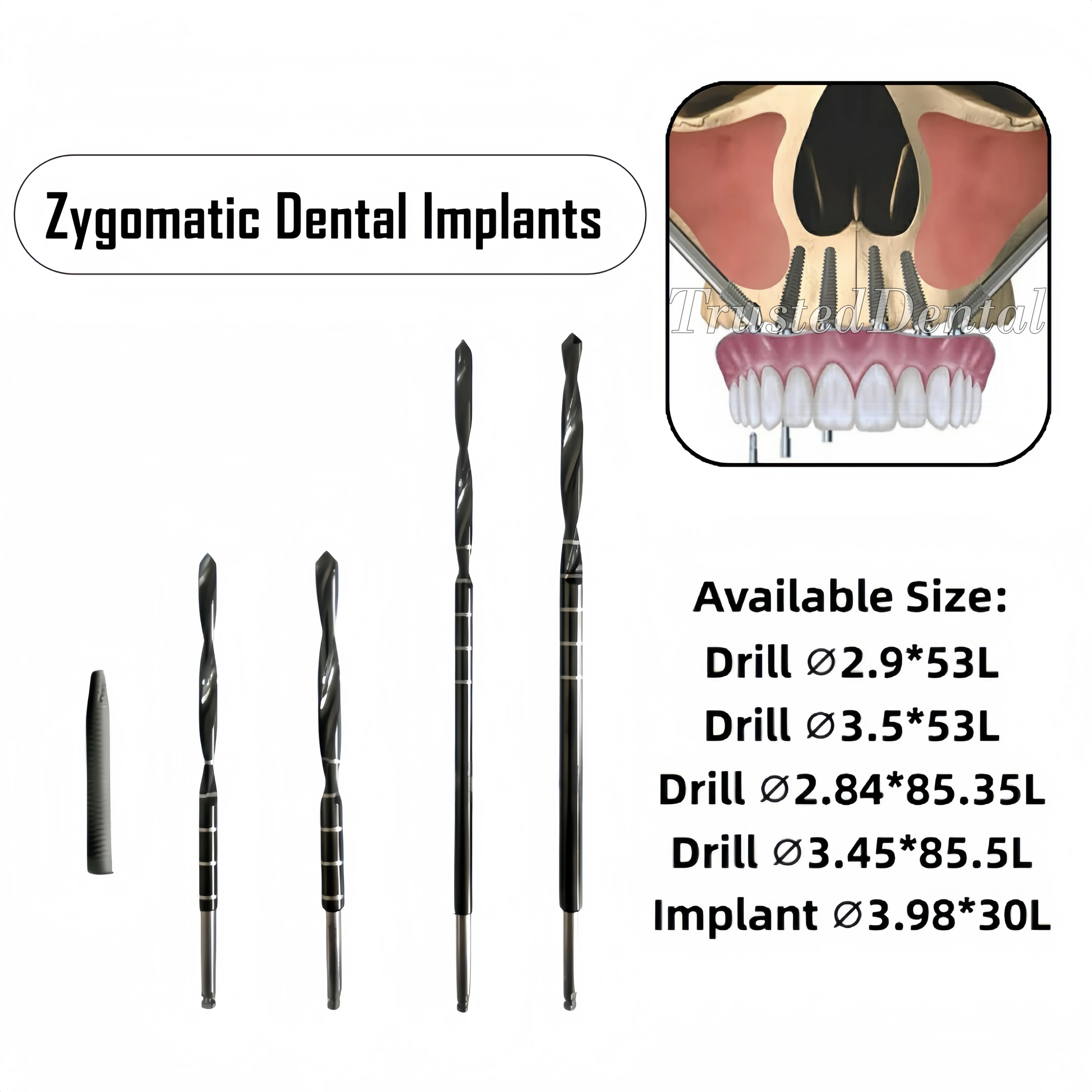 Forets zygomatiques GDT DLC pour implants zygomatiques, en alliage de titane avec surface SLA