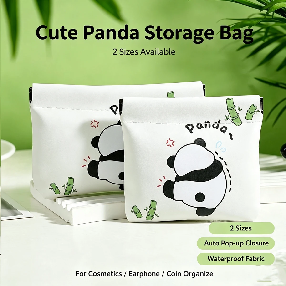 Cute Panda Print Elastic Storage Bag Waterproof PU Makeup Pouch Self Closing Pocket Coin Earphone Organizer Travel Daily
