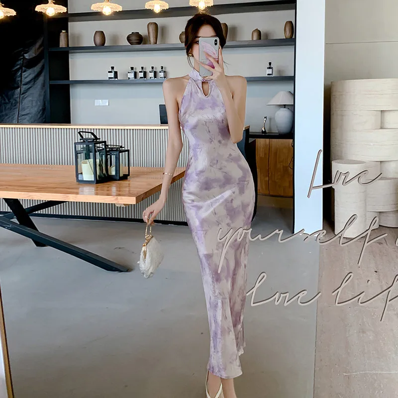 Retro Sexy New Chinese Modern Improved Satin Cheongsam Evening Wear Women Slim Long Dress Qipao