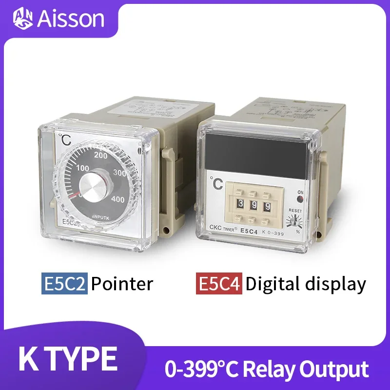 E5C2 E5C4 Temperature Controller Pointer Knob Digital Display AC 220V 0-399℃ 0-999℃ Output Relay Input K PT100 with Socket