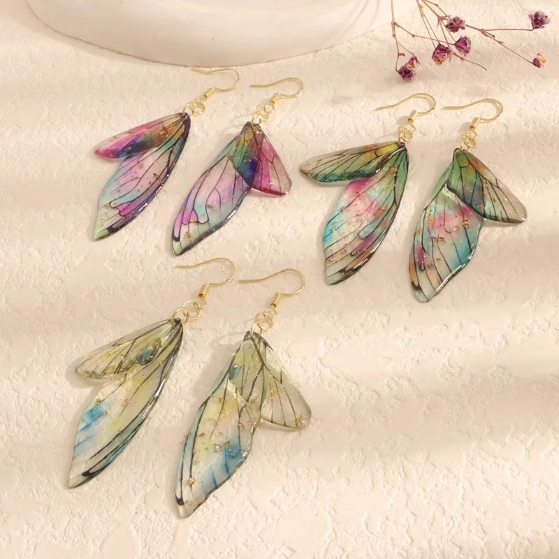 Minar Trendy Rainbow Gradient Color Resin Double Butterfly Wings Long Drop Earrings for Women Gold Plated Alloy Wedding Jewelry