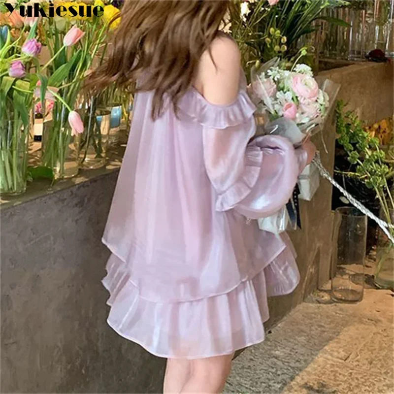 Robes en mousseline de soie pour femmes, nouveau style français, couleur unie, mode sexy, épaules dénudées, manches longues bouffantes, volants, robe simple, été 2023