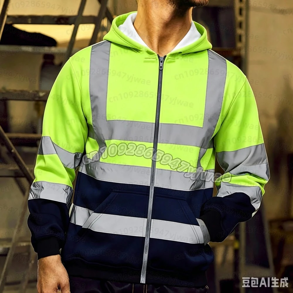 26 Men Reflective Stripe Hoodie Sweatshirt Long Sleeve Fitting Zipper Hooded Pullover Sanitation Workers Work Clothes Sweatshirt