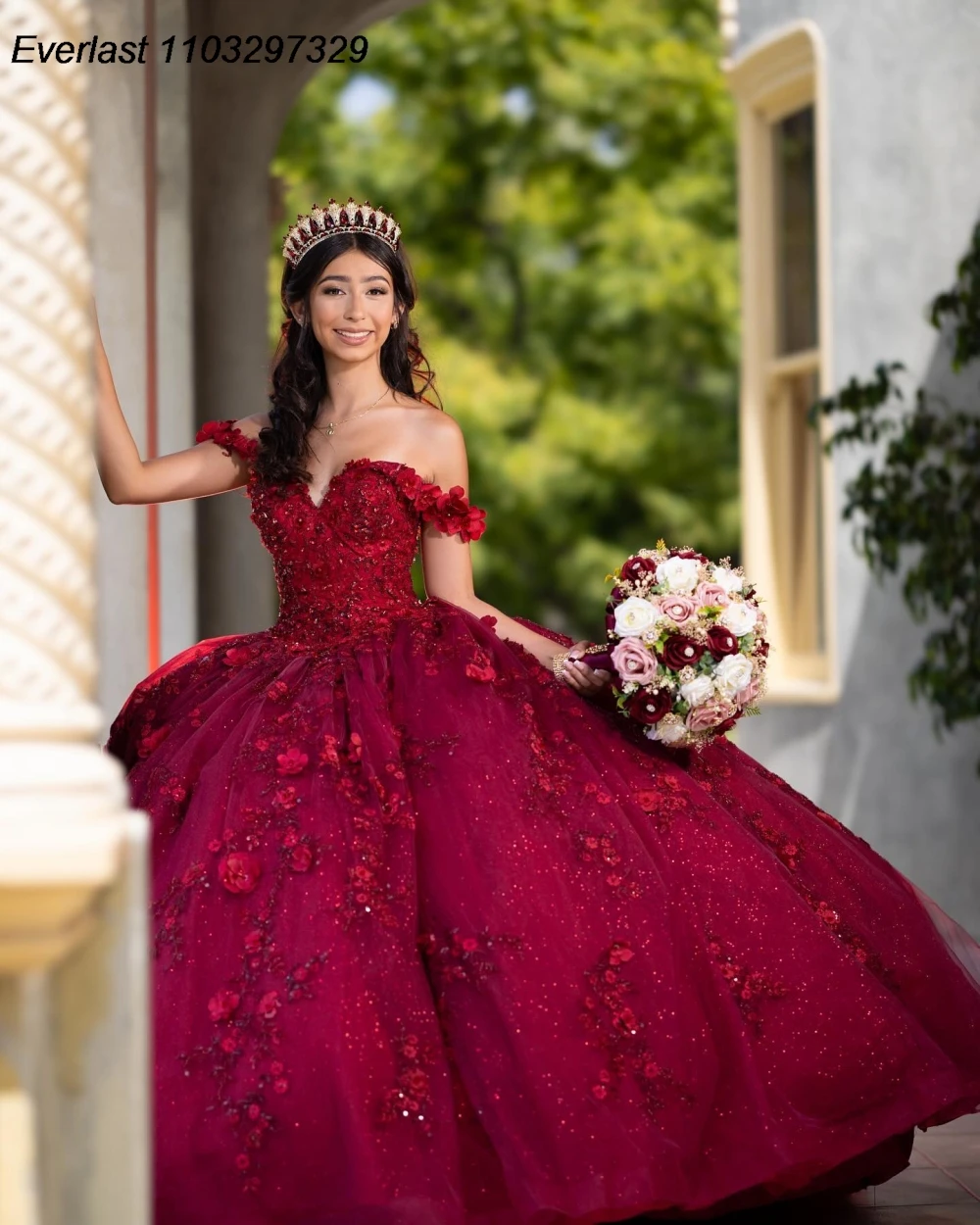 EVLAST dostosowana bordowa kwiecista sukienka na quinceanera suknia balowa aplikacja zroszony meksyk gorset słodki 16. Vestido De 15 Anos QD1133