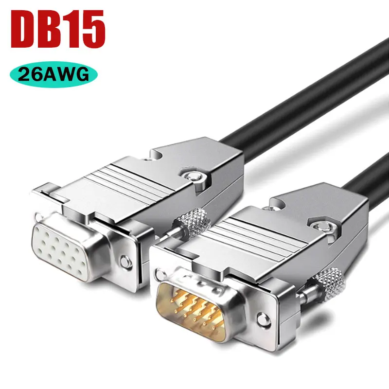 26AWG DB15 3 Row Metal Extension Line 15 Pin Data Cable Male to Female HDB15 Connection Wire for CNC Machine Tool Communication