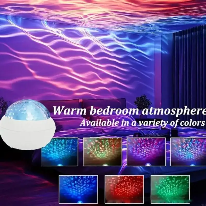 مصباح بروجيكتور LED ديناميكي بتموجات الماء مع جهاز تحكم عن بعد يعمل بمنفذ USB ضوء ليلي كريستالي ملون لتزيين المنزل P9YB