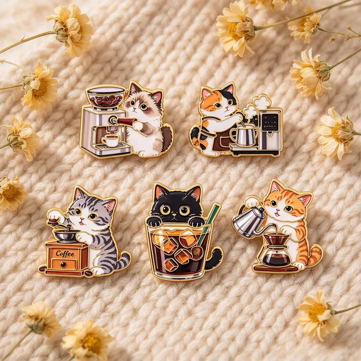 5pcs/Set Kawaii Coffee Cat Enamel Pin Barista Kitten Badge Brooch Backpacks Bag Collar Lapel Decoration Jewelry Pet Lover Gifts