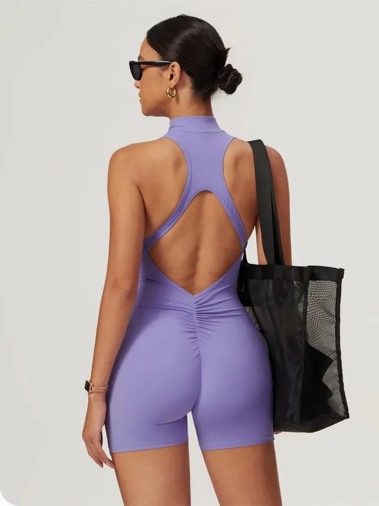 Women Yoga Jumpsuit Backless Sleeveless V Neck Zipper Scrunch Butt Gym Fitness Sports One Piece Suit 2025 New
