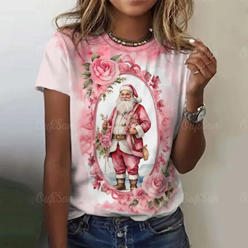 T-Shirt Vintage con stampa di babbo natale magliette a tema natalizio maglietta rosa a maniche corte da donna oversize abbigliamento da festa per il