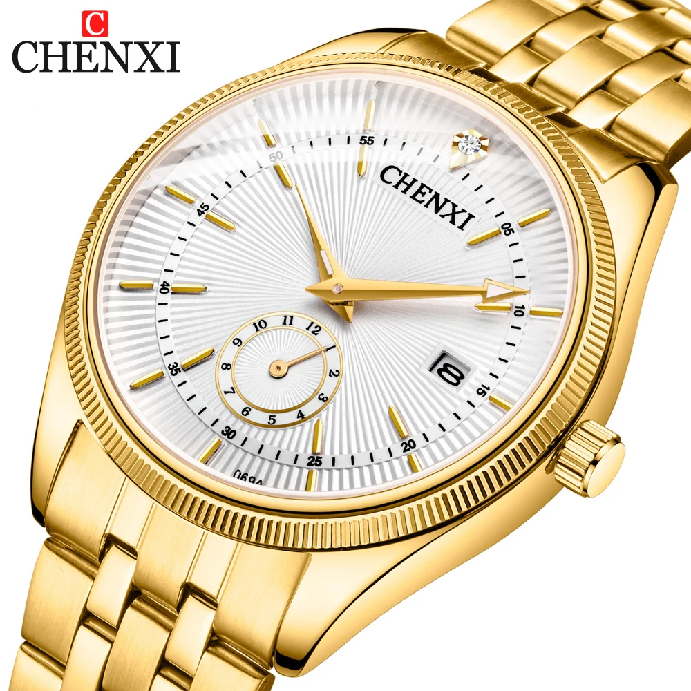 Chenxi-Relógio quartzo para homens e mulheres, aço inoxidável, calendário luminoso, impermeável, dourado luxo, moda casual, marca de topo, casal