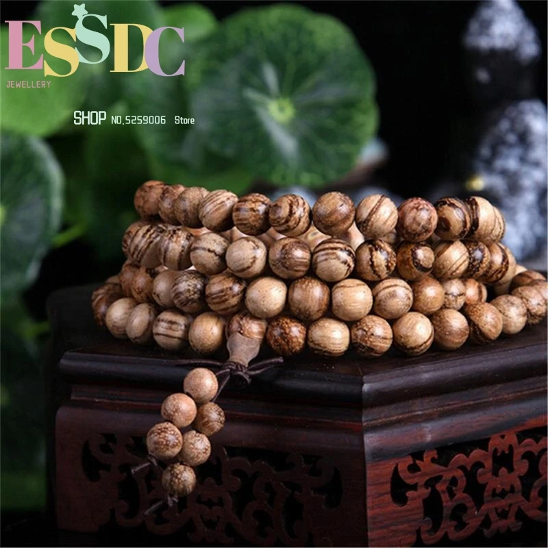 Natural Vietnam Fragrant Lignaloo 108 Wooden Bracelet Buddha Beads Prayer Mala Tiger Skin Clear Lines Buddhist Jewelry Wholesale