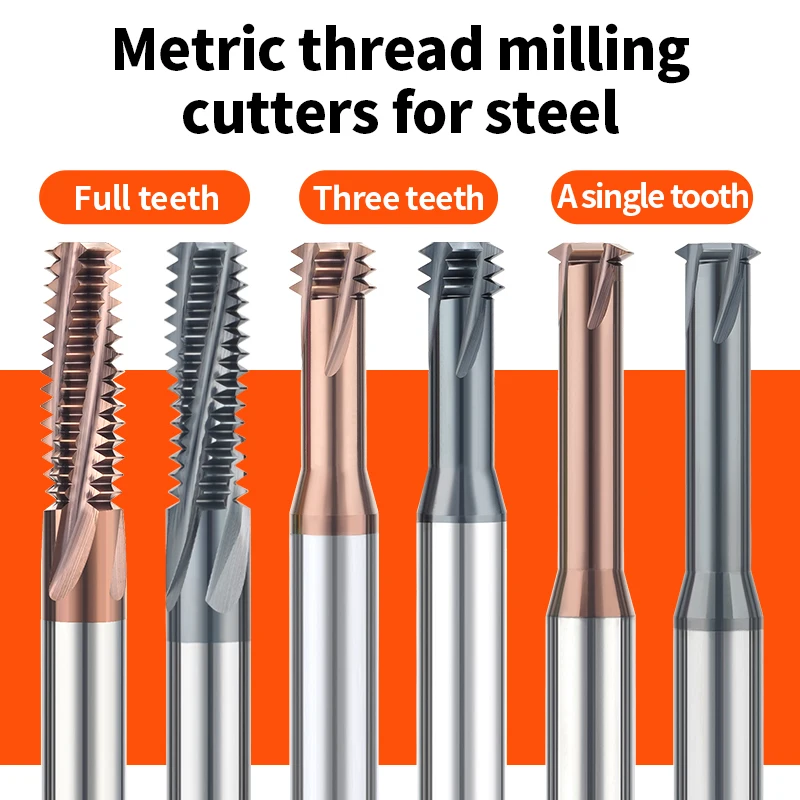 Thread Mill Cutter Tungsten Carbide Three Tooth Spiral Milling Cutter Metric Router Bit For Steel End Mill CNC Tools HRC60