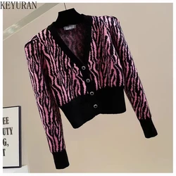 Contrasting Color Jacquard Short Sweater Women Spring Autumn Fashion V-neck Single Breasted Cropped Cardigan Knitted Slim Tops