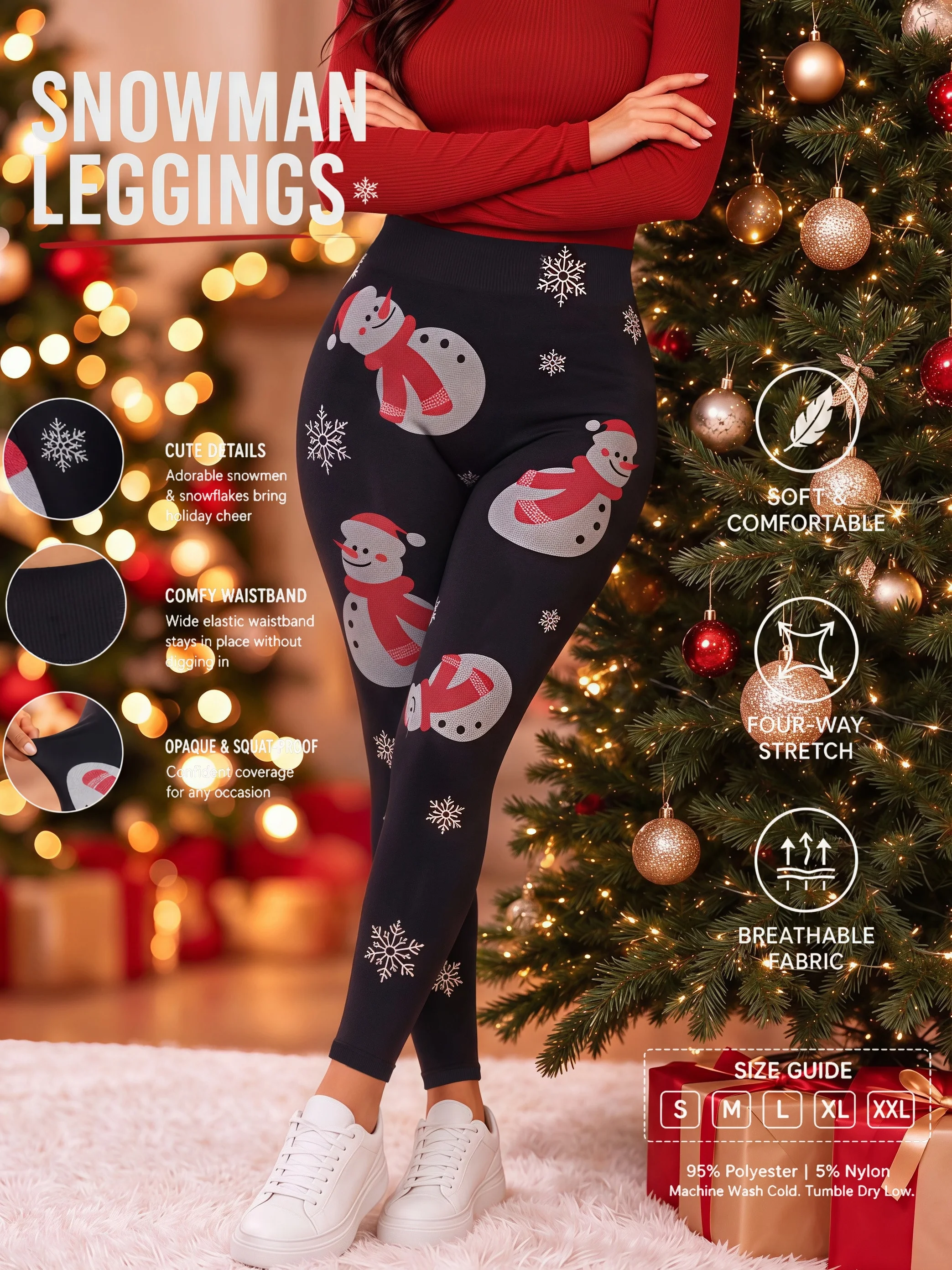 Women's High Waist Christmas Snowman Print Leggings Seamless High Stretch Skin Friendly Breathable Long Pants Snowflake Pattern