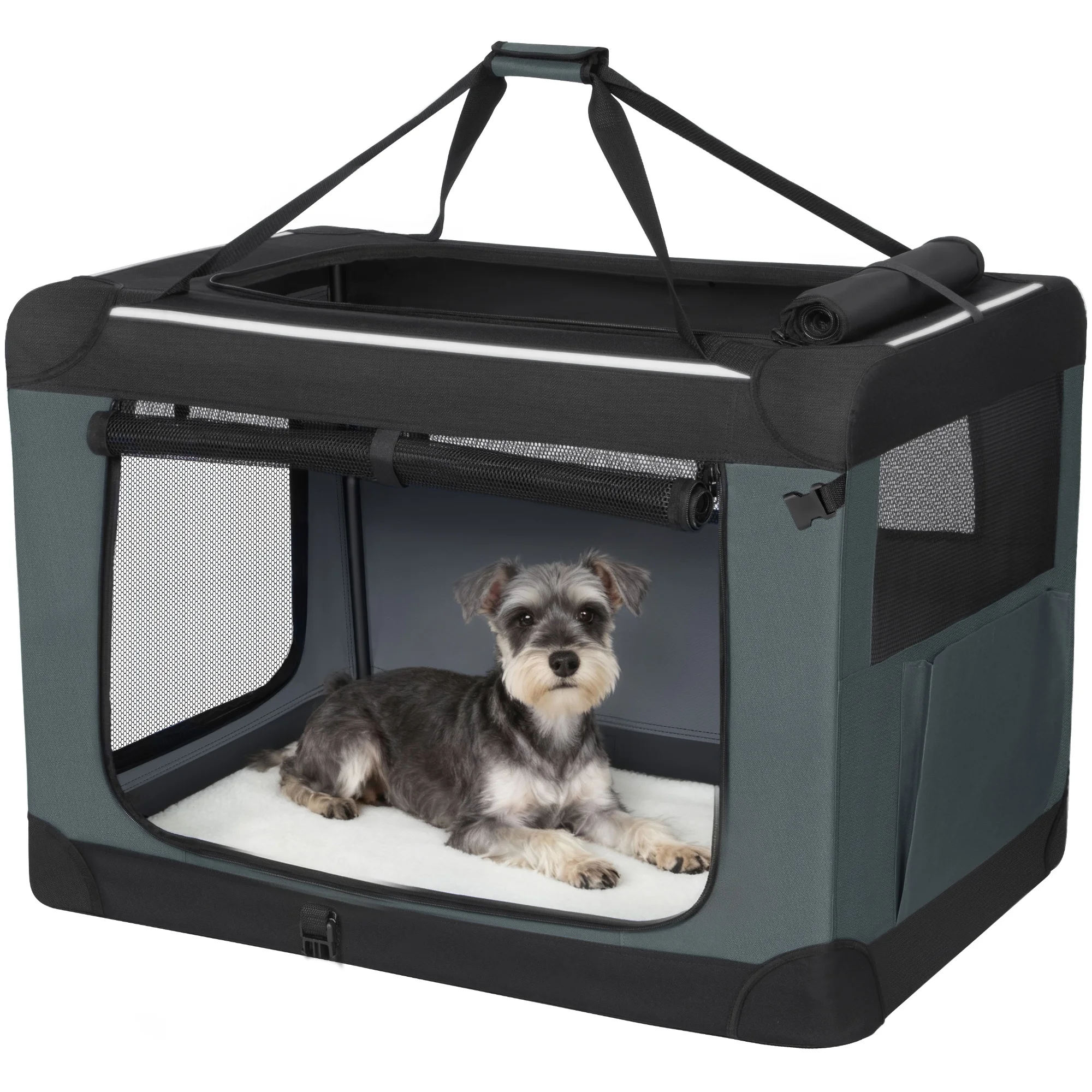 Sac de transport pliable pour chien, cage de voyage portable pour chien à 3 portes, sac de transport respirant pour animaux de compagnie avec bordures réfléchissantes et poche de rangement latérale