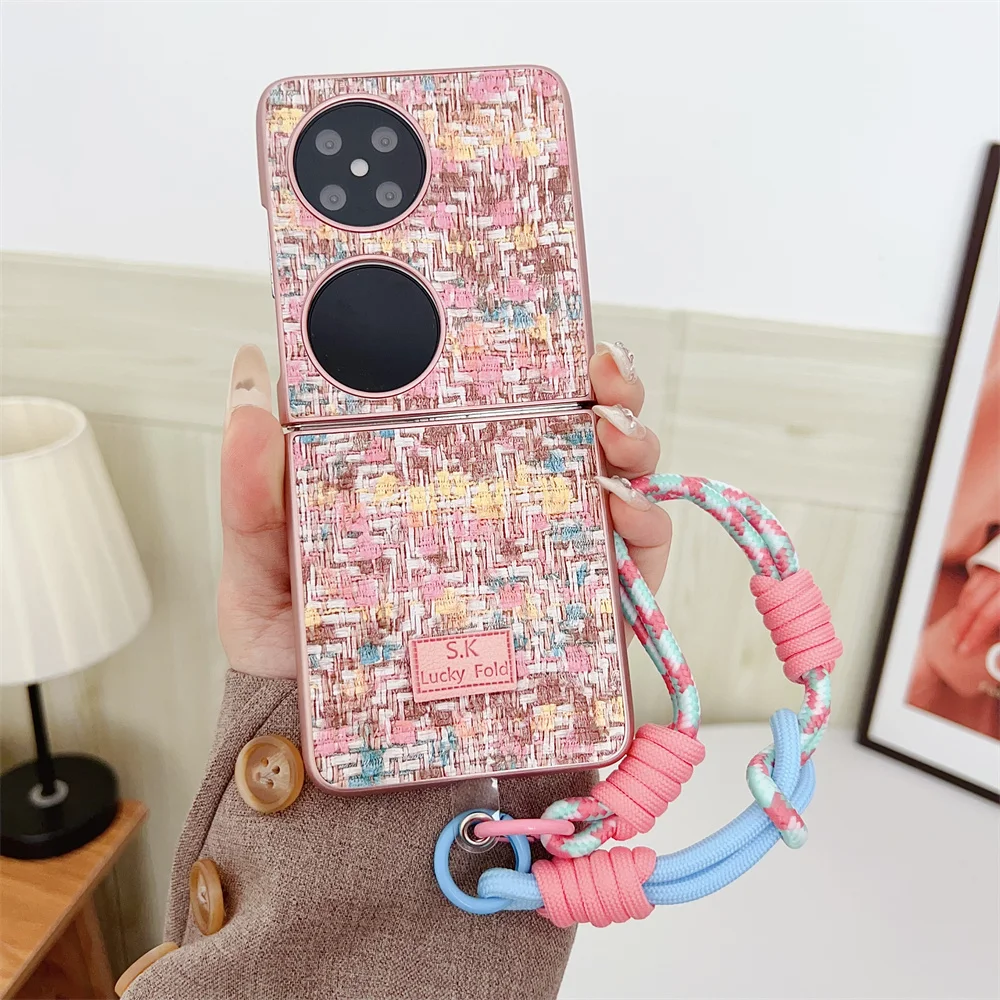 Colorful Woven Pattern Phone Case For Honor P50 Pocket 2 PC Hard Shell Hand Strap Protective Back Cover