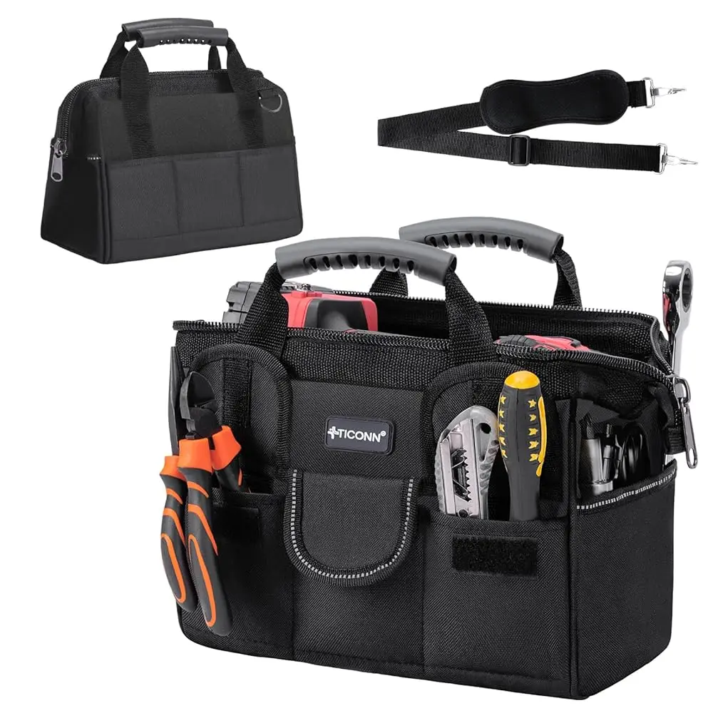 

Tool Bag With Multi-Pockets Wide Mouth Tool Tote With Safety Reflective Straps, Adjustable Shoulder Strap And Ergonomic Handle