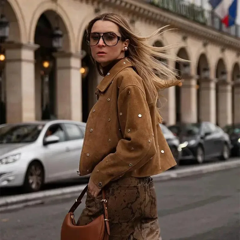 Luxury Jacket Studs Vintage Bomber Jacket Women's Cropped Top Long Sleeve Zipper Coat Design Outerwear Varsity Jacket Lapel New