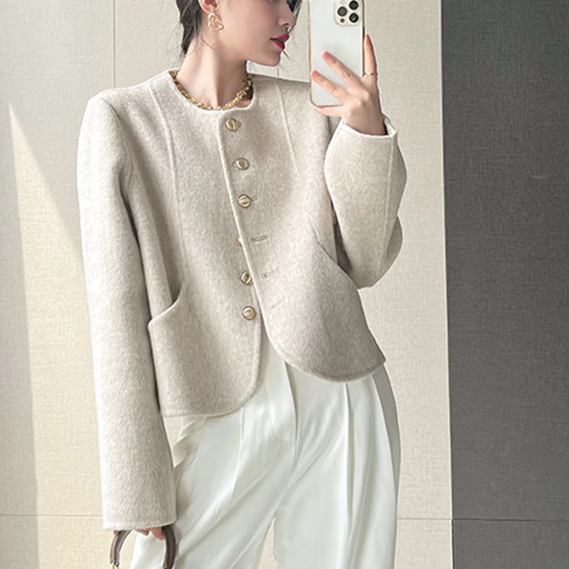 Double-Faced Cashmere Coat Spring Autumn Women Round Neck Single-Breasted Korean Fashion Pink/Off-White/Gray Short Wool Jacket