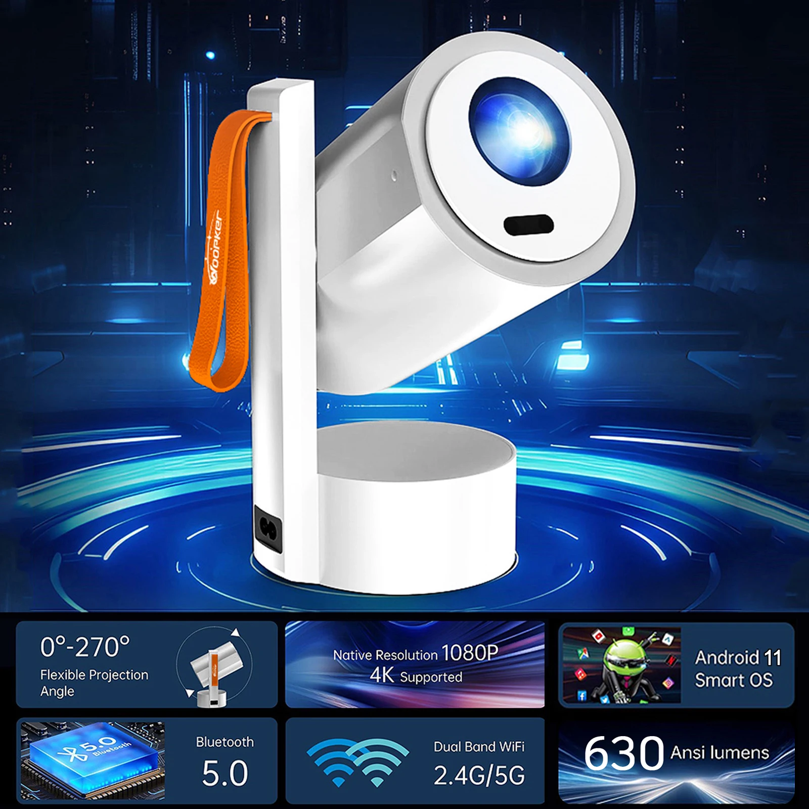 Proyektor WOOPKER R3H4 630ANSI Asli 1080P Mendukung 4K Android11 BT5.0 Koreksi Keystone Otomatis 270 °   Rotasi untuk Home Theater