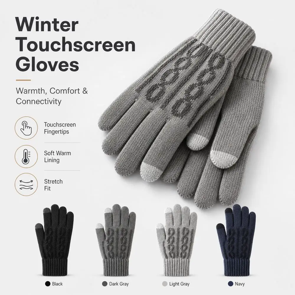 Synthetic Fabric Touchscreen Gloves Jacquard Knit Touchscreen Compatible Knit Gloves Plus Velvet Lining Cold-Proof Winter Gloves