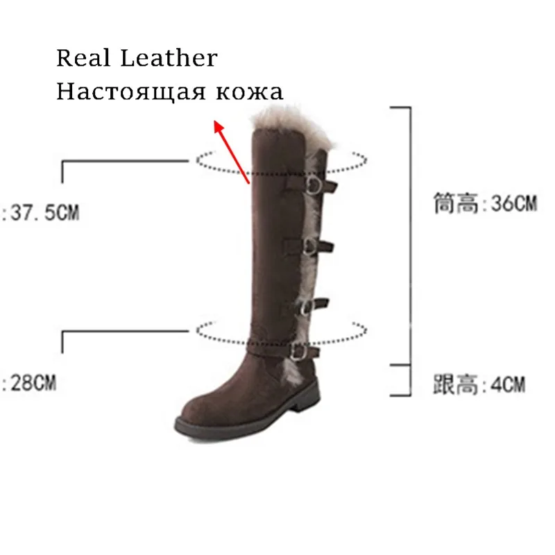 ANOVISHANA Winter Warm Plush Genuine Leather Suede Wide Leg Knee High Snow Botas Women Chunky 4cm Heel Buckle Grey Brown 40