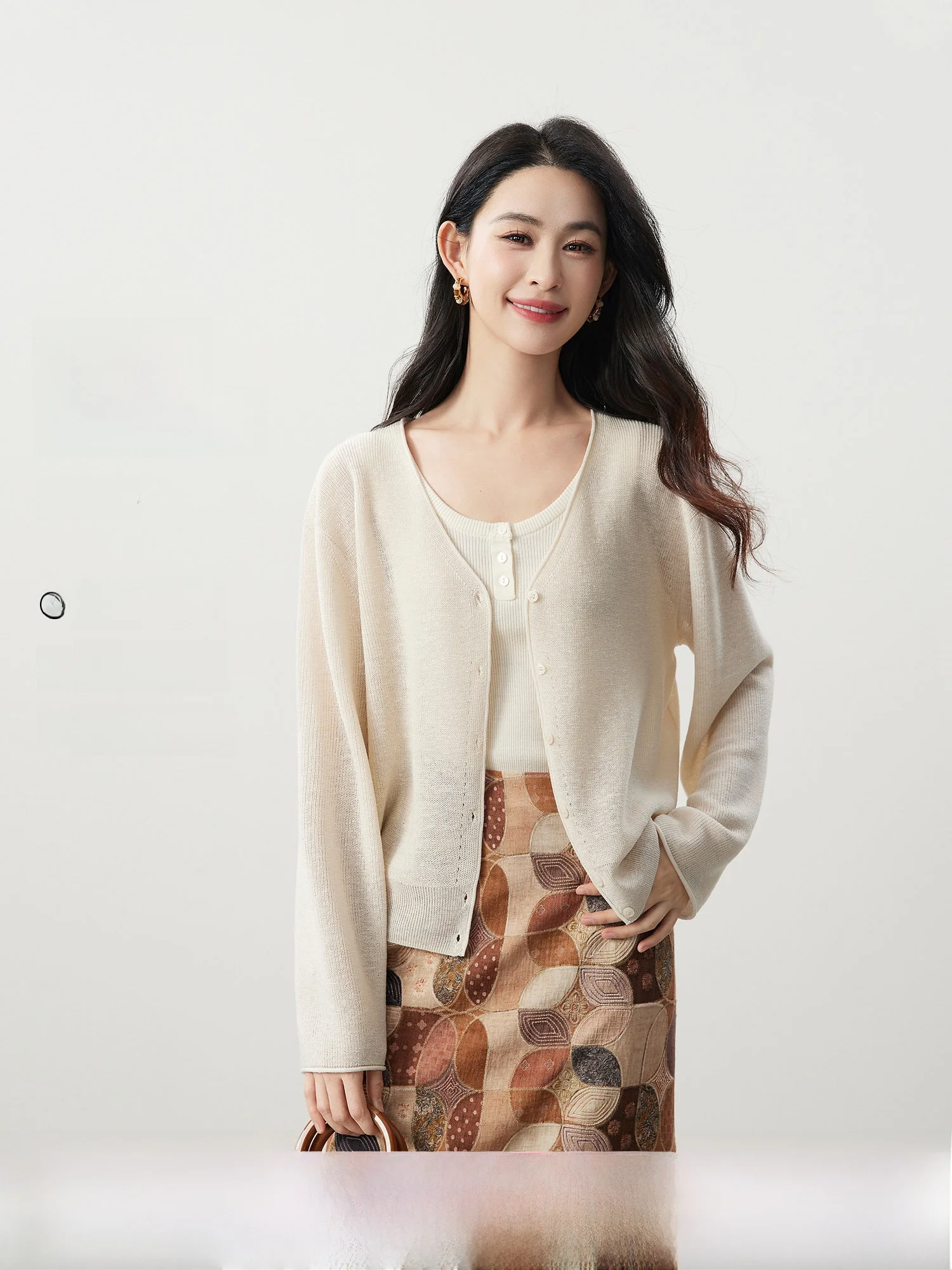 

Early Spring Oxygen Feeling V-Ne Knitted Cardigan Women's Pure Color Commute Casual Ele Sle Long Sve ort Length