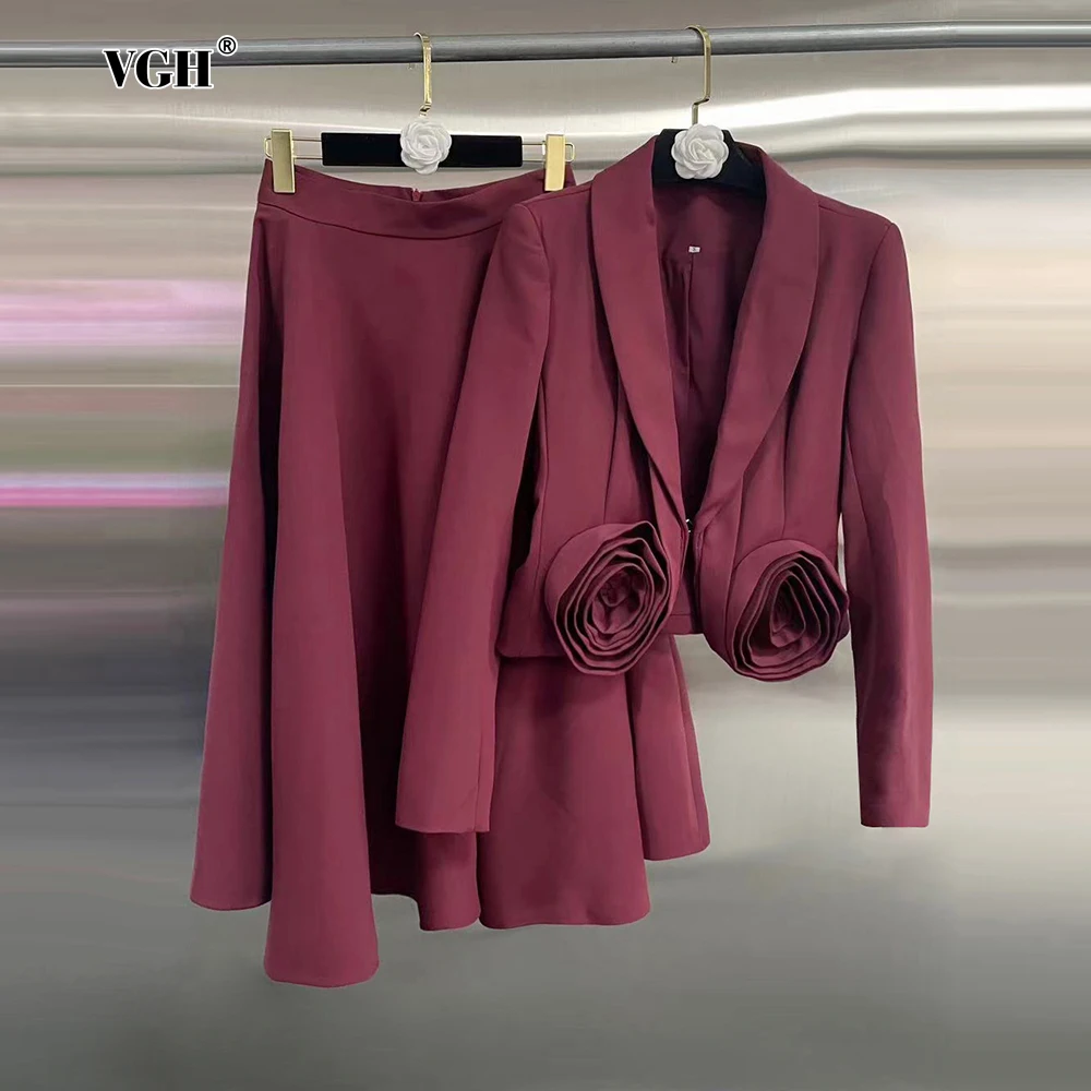 VGH Solid Elegant Two Piece Set For Women Lapel Long Sleeve Spliced Appliques Coats High Waist Folds Mid Skirt Luxury Set Female