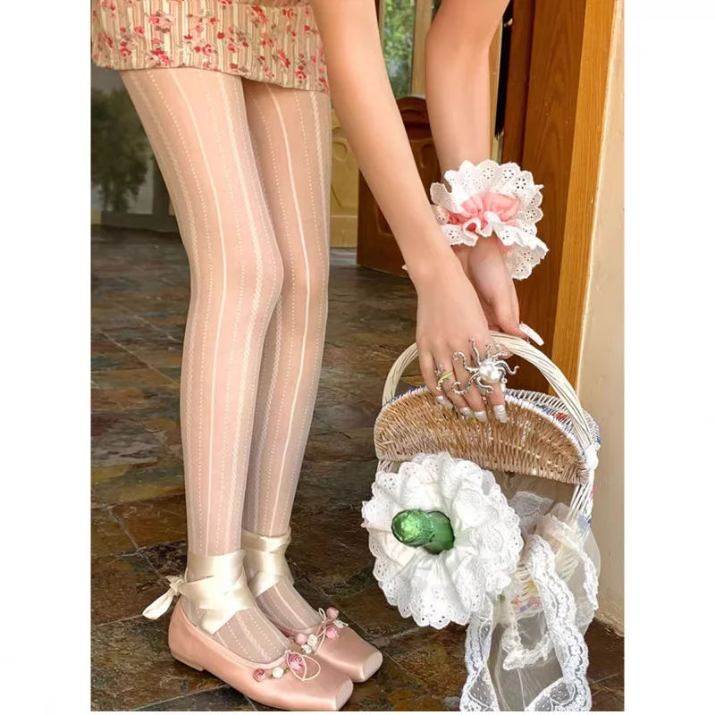 

Бархатные тонкие прозрачные чулки в балетном стиле Pure Desire, длинные рельефные трехмерные кружевные жаккардовые боты в вертикальную полоску