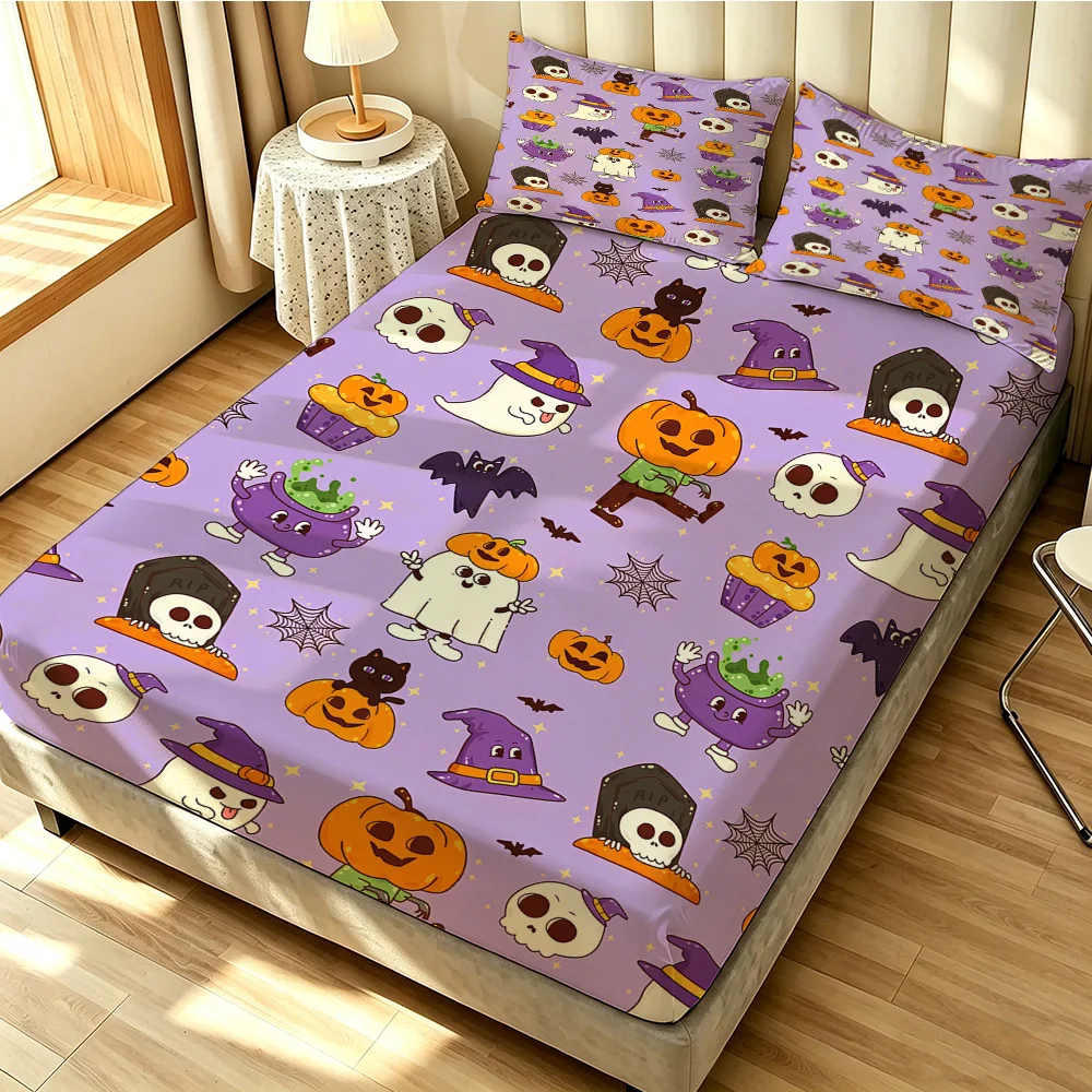 3pcs(1 duvet cover + 2 pillowcases coreless)Halloween cartoon ghost and pumpkin pattern bedding sets available in multiple si