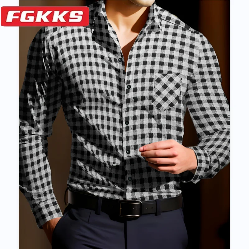 FGKKS 2024 Outdoor Casual Shirt For Men Plaid Fashion Coat High Quality Design Hot Street Wear Shirt For Men