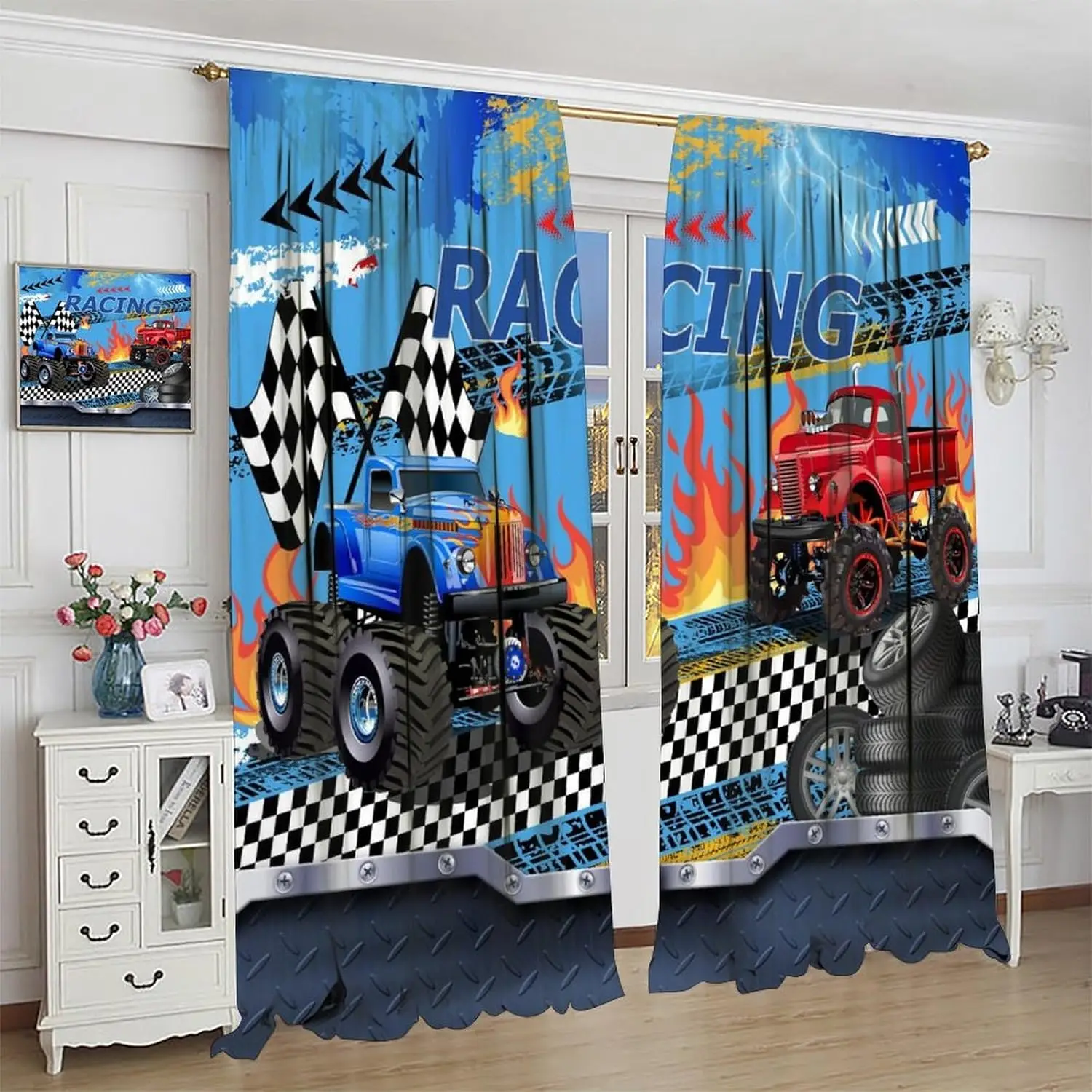 Boys Cartoon Car Curtains, Racing Car Off Road Monster Black and White Checkered Flag Flame Tire Window Treatments Kids Bedroom