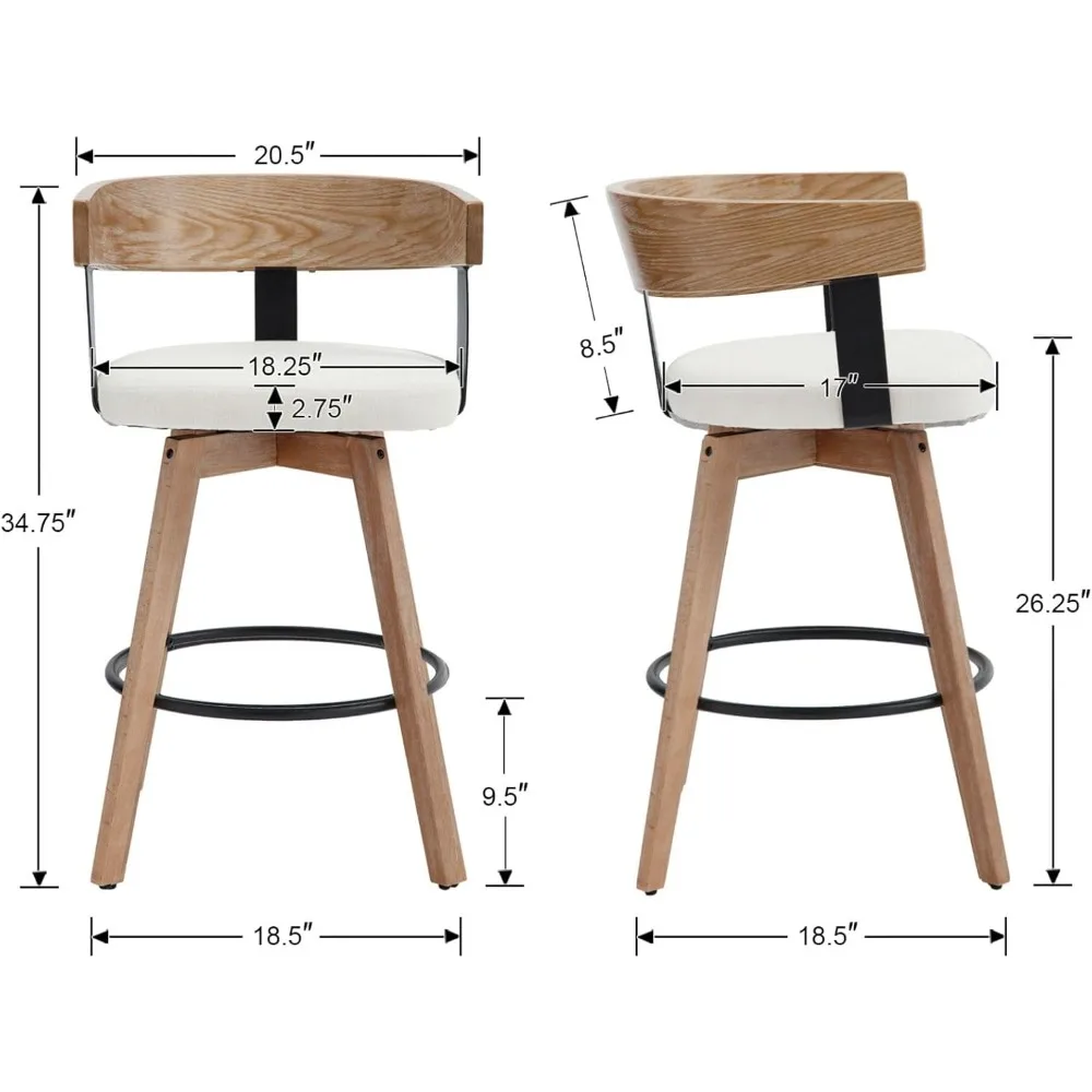 Conjunto de bancos de bar giratórios de 3 a 26" com altura de balcão e apoio para os pés - bancos de bar modernos de madeira com assento estofado em linho