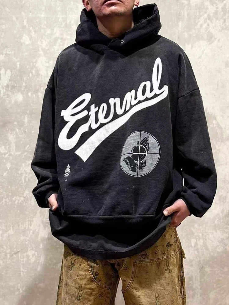 

Waed Cotton Hoodie Men's Long Sve Fce Lined Casual Streetwear American Sle Youth Faion Winter Warm Sweatirt