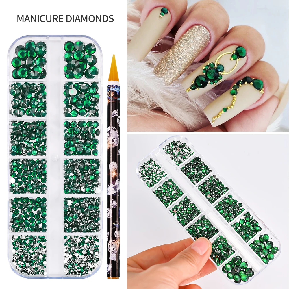 12grid Green Glass Crystal Gems Nail Art Rhinestones with Picker Mix SS6-SS30 Flat Back  Mini Diamond Beads Shiny 3D Nail Charms