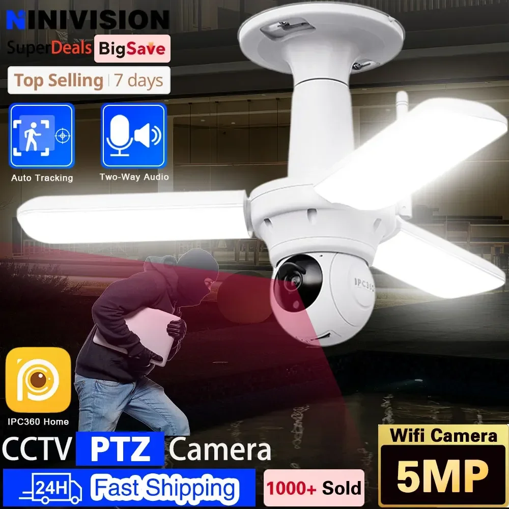 5MP E27 Bulb Floodlight Light WiFi IP Camera Outdoor 360° View PTZ Cam Auto Tracking CCTV Video Surveillance Security Cameras