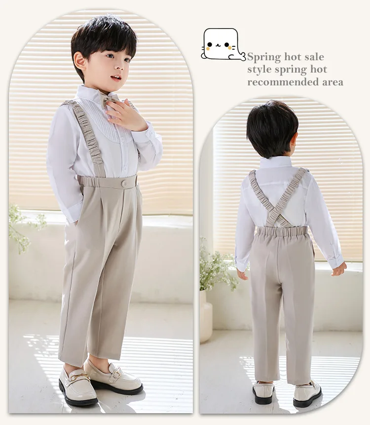 School Kids Summer Photography Suit Children Shirt Pants Suspenders Bowtie 4PCS Dress Boys Wedding Host Sing Ceremony Costume